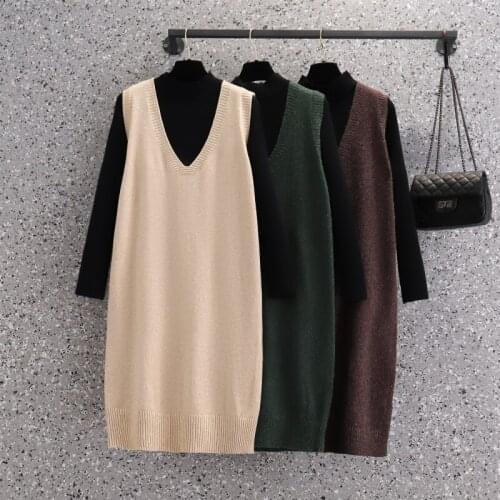 EHQAXIN Fall Winter Womens Dresses Set All-Match V-Neck Knit Vest Dress + Black Half High Collar Base Knit Top 2 Piece Set S-2XL