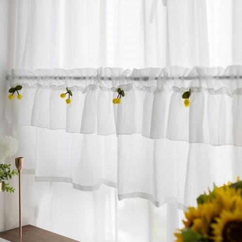DUNXDECO Short Curtain For Kitchen Door Half Cortinas French Style Fresh Little Yellow Cherry Ball Rideau Warm Home Decorating