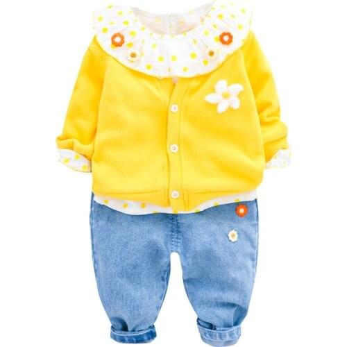 3Pcs Children Cute Girl Suit Clothes New Autumn Spring Flower Doll Collar Coat +Shirt +Pant Kids Baby Top Jacket Set 0-4Y