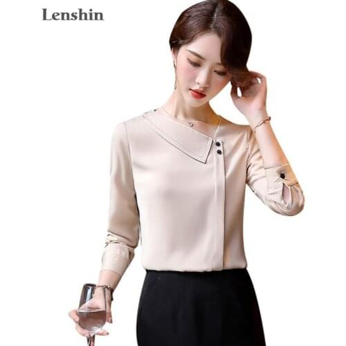 Lenshin Soft Fabric Shirts for Women Turn-down Collar Blouse Work Wear Office Lady Female Champagne Tops Chemise Loose style