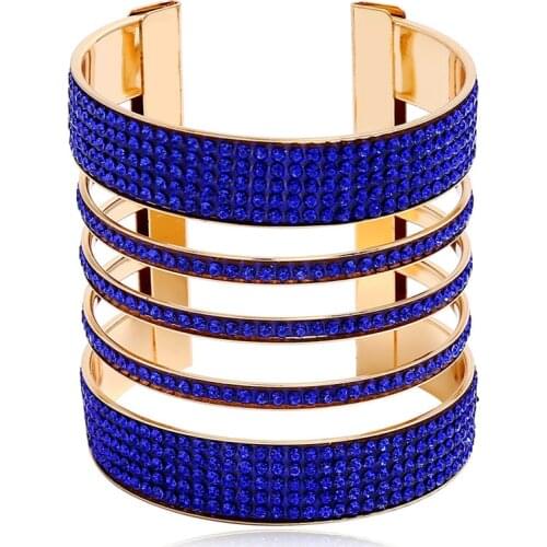 LZHLQ Fashion Colorful Rhinestone Bangles For Women 2020 Brand Jewelry Geometric Hollow Wide Metal Plating Cuff Bangle