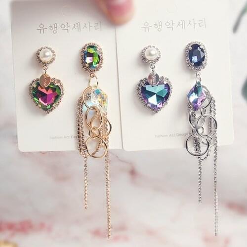 MWSONYA Korean Luxury Asymmetric Heart Crystal Drop Earrings For Women Girls Rhinestone Tassel Boucle D'oreille Party Jewelry