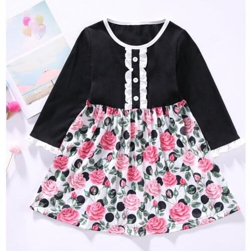 New Fall Toddler Girl Clothes Rose Flower Print Button Ruffles Patchwork Long Sleeve Party Wedding Princess Kids Girl Dress 1-6Y