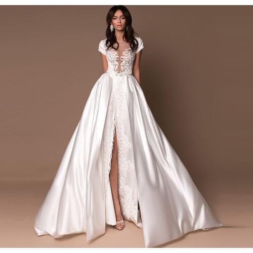 New Arrival Satin Wedding Dresses Robe Mariage Femme Sexy Skirt Slit See Through Body Short Gorgeous Bridal Gowns
