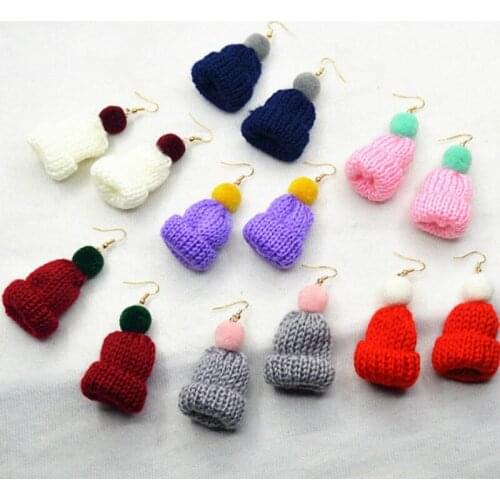 New Korean Wool Ball Knit Hat Earrings Cute Creative Acrylic Cotton Pompom Earrings for Women Christmas Jewelry