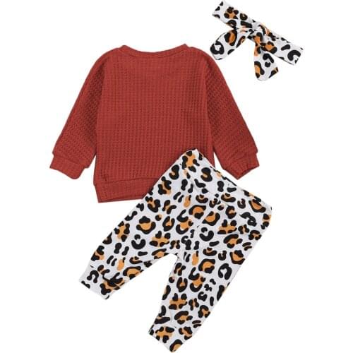 New Lovely Children Sweater Suit, Long Sleeve Round Neck Top Leopard Pattern Long Pants with Hairband for Autumn
