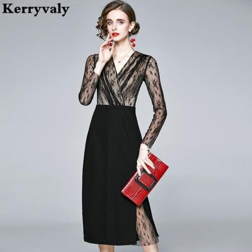 Autumn Slim High Waist Lace Pencil Bodycon Dress Zomerjurk Dames 2021 Long Sleeve V-neck Gothic Midi Party Dress Robe Pull K510