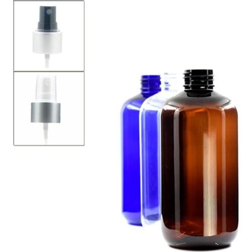 250ml empty boston round plastic bottle , clear/blue/amber pet bottle with black/white aluminum fine mist sprayer