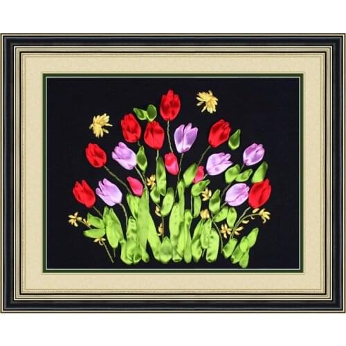 Needlework,DIY Ribbon Cross stitch Sets for Embroidery kit,Tulip flower love ribbon Cross-Stitch handcraft wall home decor