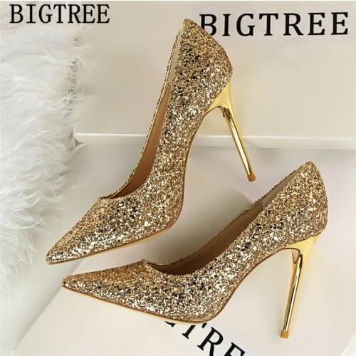 Bigtree Shoes Glitter Heels Women Pumps Sexy Shoes Gold Shoes Stiletto Dress Shoes Women Fetish High Heels Chaussures Femme Buty