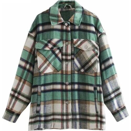 2021 Spring Long Sleeve Vintage Plaid Women Jacket Simple Casual Pocket Ladies Streetwear Loose Turn-Down Collar Jacket