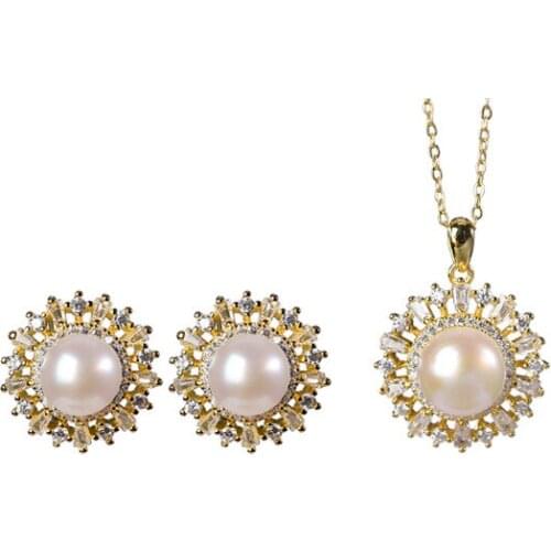 S925 sterling silver gold plated natural freshwater pearl ear studs graceful personality ladies' pendant earring set