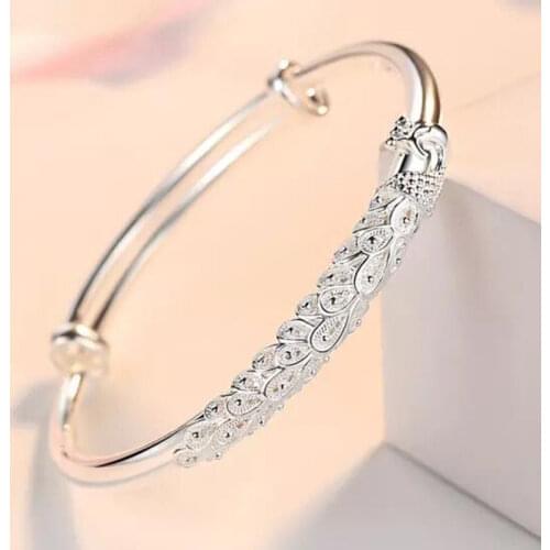 Fashion 925 Sterling Silver Woman Lucky Animal Cuff Bracelet Peafowl Bangle Girls Party Jewelry Gifts