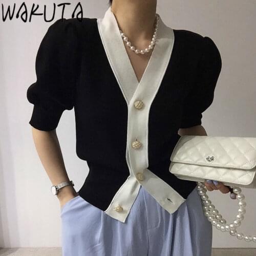 WAKUTA Summer Elegant Puff Short Sleeve Cardigan Women 2021 Korean Design Solid Single Breasted Chic Knitted Tops Ottfice Lady