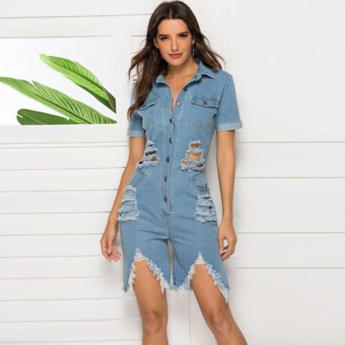 Women Sexy Denim V Neck Slim Jumpsuit Jeans Shorts Overalls Beach Romper Trousers