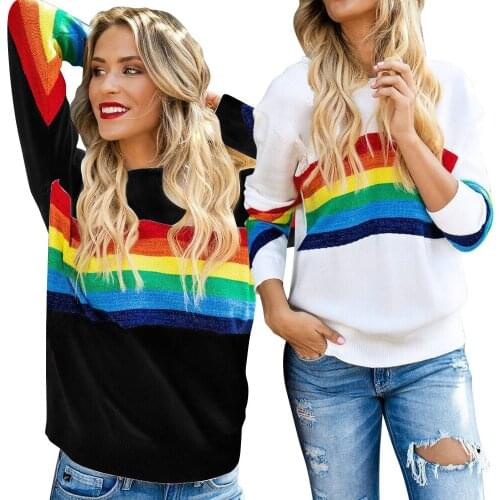 Color Striped Knitted Top Women Sweaters 2020 Casual Autumn Winter Sweater Loose O-neck Female Top Harajuku Knitted Pullovers