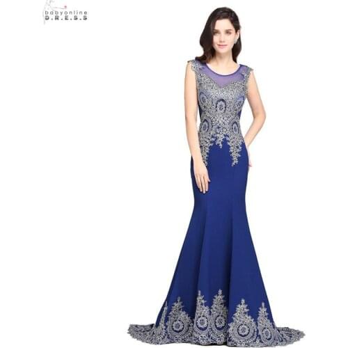 24 Hours Shipping Mermaid Lace Long Evening Dress Elegant Royal Blue O-neck Evening Party Dresses Appliques Robe De Soiree