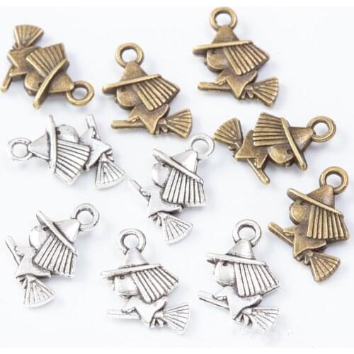 120pcs 11*11MM Antique bronze SILVER COLOR Witch wizard Broom charms metal pendants for bracelet necklace earring diy jewelry