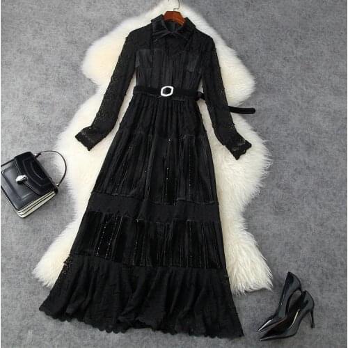 2020 autumn and winter womens new style lace stitching velvet slim temperament long skirt elegant fishtail dress