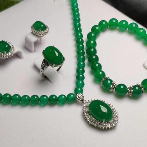 4pcs 925 Sterling Silver Natural Vintage Green Jade Gemstone Beads Necklace Bracelet Earrings luxurious