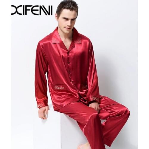 2020 New Satin Silk Pajamas Male Long-Sleeve Embroidery Men Pyjama Sets Emulation Silk Sleepwear Turn-Down Collar Two-Piece 3315