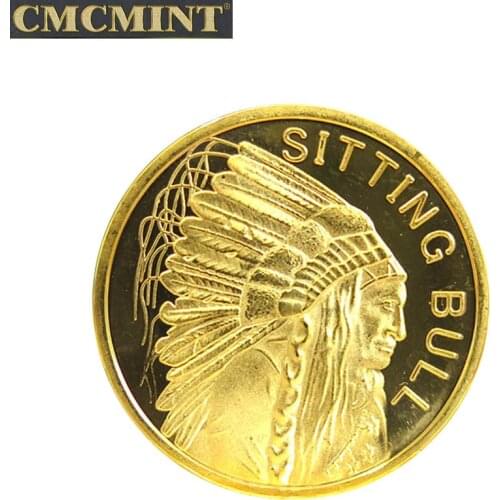 1/2 Oz 100 mills 24 Karat Gold Plated Indian 2010 "Sitting Bull" Replica Coins Collection Xmas Gift B70