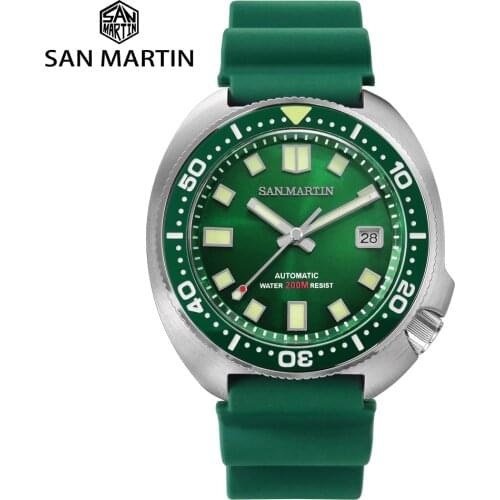 San Martin Green Dial Retro Turtle Diver Watch Men Ceramic Bezel Stainless Steel Automatic Mechanical Sapphire Luminous Watches
