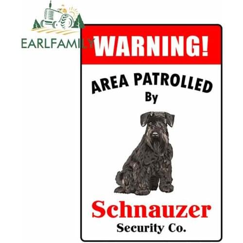 EARLFAMILY 13cm x 8.5cm Car Sticker Warning Area Patrolled By Schnauzer Metal Novelty Sign Decal Animal Dog Car Styling