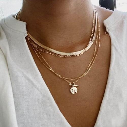 European and American cross border personality alloy round pendant multi layer Necklace womens Retro simple necklace