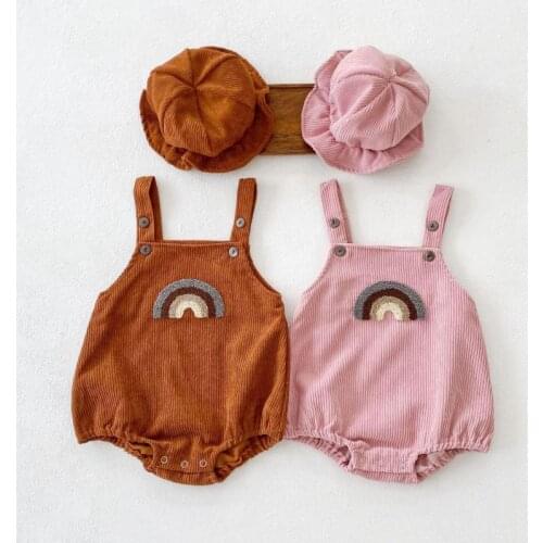 2021 Autumn New Baby Embroidery Rainbow Bodysuit Boys Corduroy Sleeveless Overalls Infant Girls Rainbow Jumpsuit With Hat 6M-3T