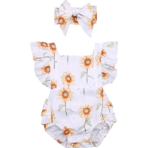 FOCUSNORM 0-24M Lovely Infant Baby Girls Bodysuits Sunflowers Print Ruffles Short Sleeve Backless Jumpsuits