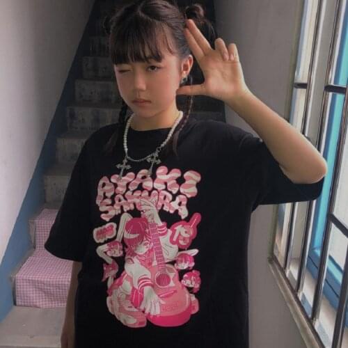 Korea pop Summer Short Sleeve E-girl Gothic Style O-neck guitar print black Kawaii clothes Crop Harajuku Tops Women ins T-shirts