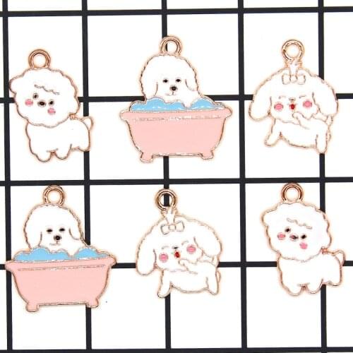 Cartoon Puppy Metal Enamel Charms Bracelet Cute Love White Dog Pendants Earrings Floating Jewelry DIY Accessory Ornament Gifts
