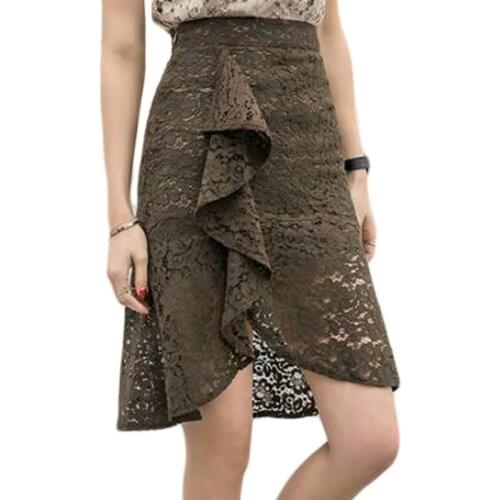 Fashion Summer Sexy Ruffles Women Pencil Lace Skirt New High Waist Slim Lace Mermaid OL Skirts Plus Size S--3XL