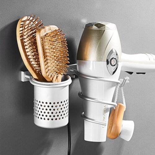 Fashion Hair Dryer Holder Space Aluminium Bathroom Wall Shelf Hair Dryer Rack with Basket bathroom shelves Bathroom Accessories