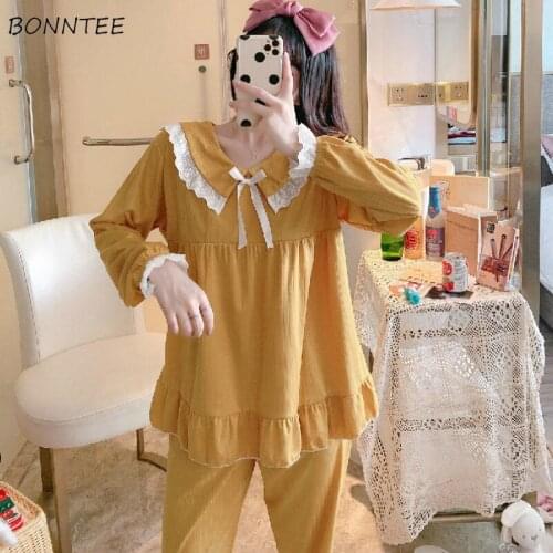 Pajama Sets Women Loose Autumn Long Sleeve Ulzzang Female Sleepwear Princess Style Leisure Fashion Popular Lovely Simple Home