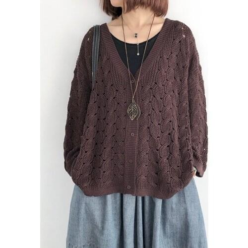 Loose Knitted Women Sweater And Cardigan Autumn Vintage V-Neck Casual Hollow Out Female Outwear Coats Tops