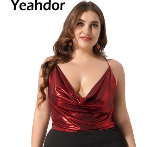 Plus Size Women Sexy Shiny Camisole Crop Tops Clubwear Spaghetti Straps Criss-Cross Back Metallic Tank Top for Club Party Beach