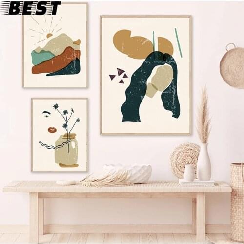 Vintage Illustration Landscape Girl Face Sun Flowers Mountains Geometric Posters Prints Wall Pictures for Living Room Home Decor