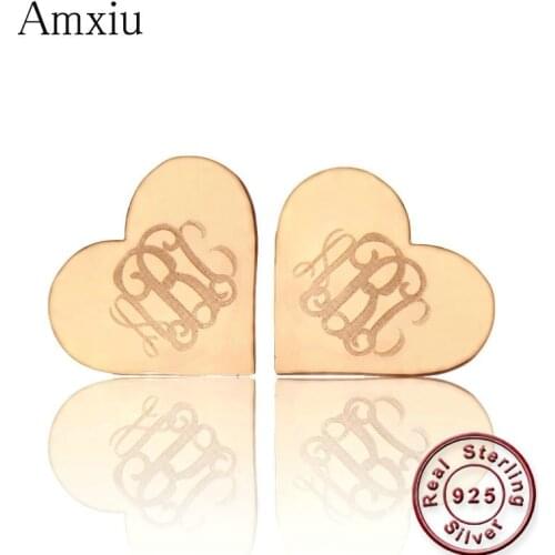 Amxiu Custom Monogram Initials Heart Stud Earrings 925 Sterling Silver Earrings For Women Men Students Daily Jewelry Accessories