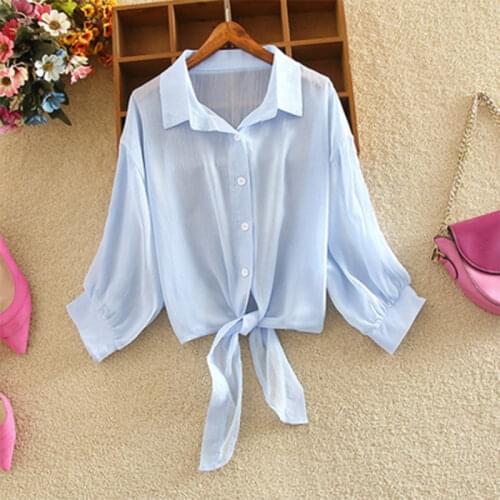 2021 Fashion Mesh Breathable Womens Shirts Summer See Through Tied Wasit Female Blouses Elegant Solid Color Button Up Clothing