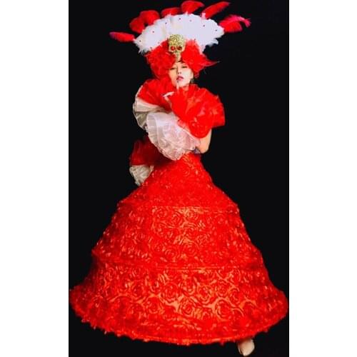 Women Stage Costume Red Dresses Birthday Outfits Singer Show Wear Festival Big Skirt Evening Party Clothing Prom Dress VDB3123