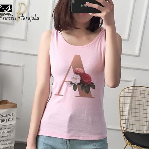 Women Camisole Tank Top Cartoon 26 English Letters Print Summer Tee Shirt Casual Harajuku Loose O-neck Pink Plus Size Sleeveless