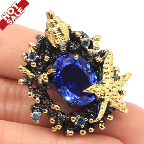 39x32mm Punk Hollow Vintage 22g Starfish Created 16x12mm Violet Tanzanite Womans Black Gold Silver Pendant
