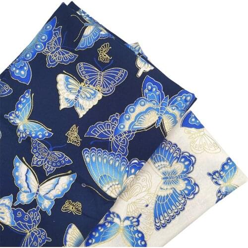 Bronze Printed Cotton Fabric Blue Japanese Style Butterfly Pattern Fabric For Kimono Diy Handmade Accessories Crafts 50*145cm