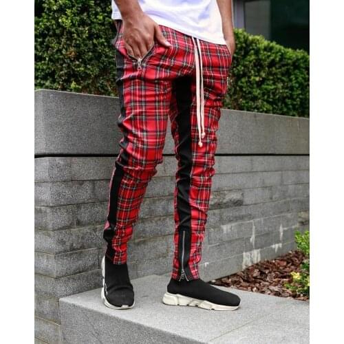 Hip Kop Men Pants Red Wine Red Lattice Rope Belt Foot Mouth Zipper Stitching Color Slim Fit Pants For Casual Men Clothing