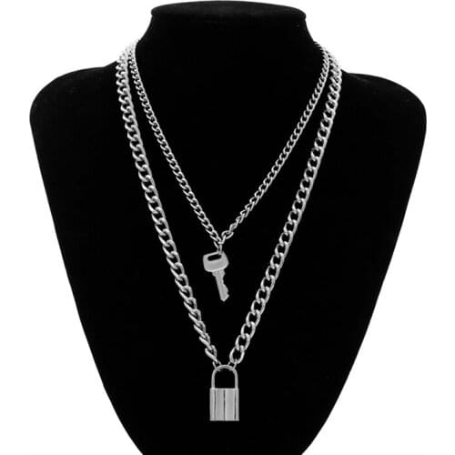 Fashion Punk Key Padlock Pendant Necklace For Women Gold/Silver Lock Necklace Layered Chain On The Neck With Lock Jewelry