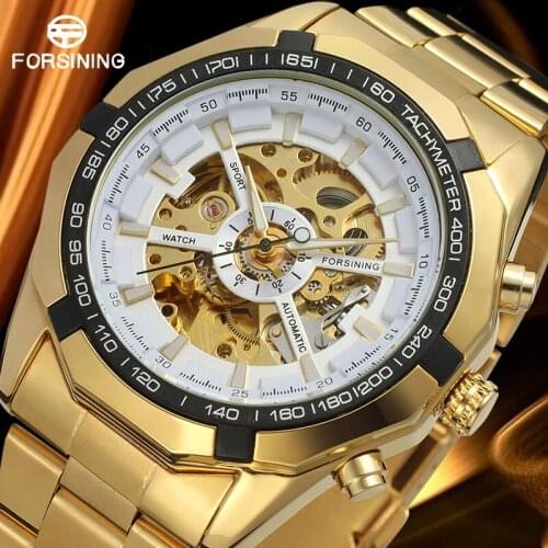 Forsining Brand Mens Fashion Watches Full Steel Gold Bracelet Relojes Skeleton Mechanical Wristwatches with Gift Box