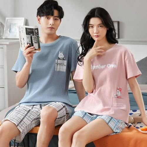 Cotton Summer Short Sleeve Couple Pajamas Set Lovers O-Neck Casual Sleepwear Cartoon Rabbit Cute Women Fashion Plaid Homewear