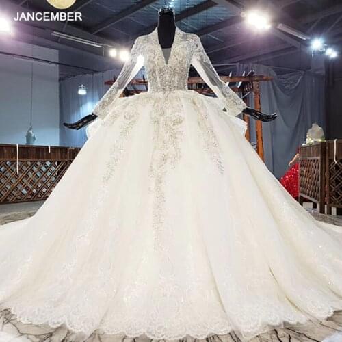 HTL1943 Luxurious Elegant Deep V-Neck Crystal Beading Wedding Dress 2020 Sequined Ball Gowns Long Sleeve